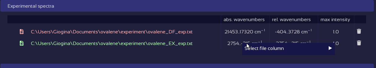 Column selection for imported spectrum